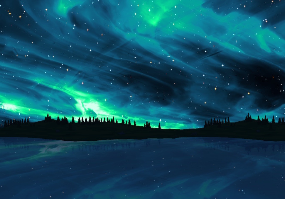 A picture of a digitally created aurora with a reflective lake